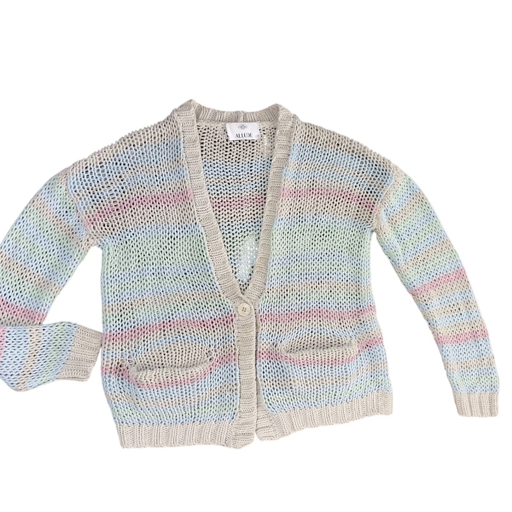 Allude Women's Striped Knit Cardigan Sweater One Button Front‎ Pockets